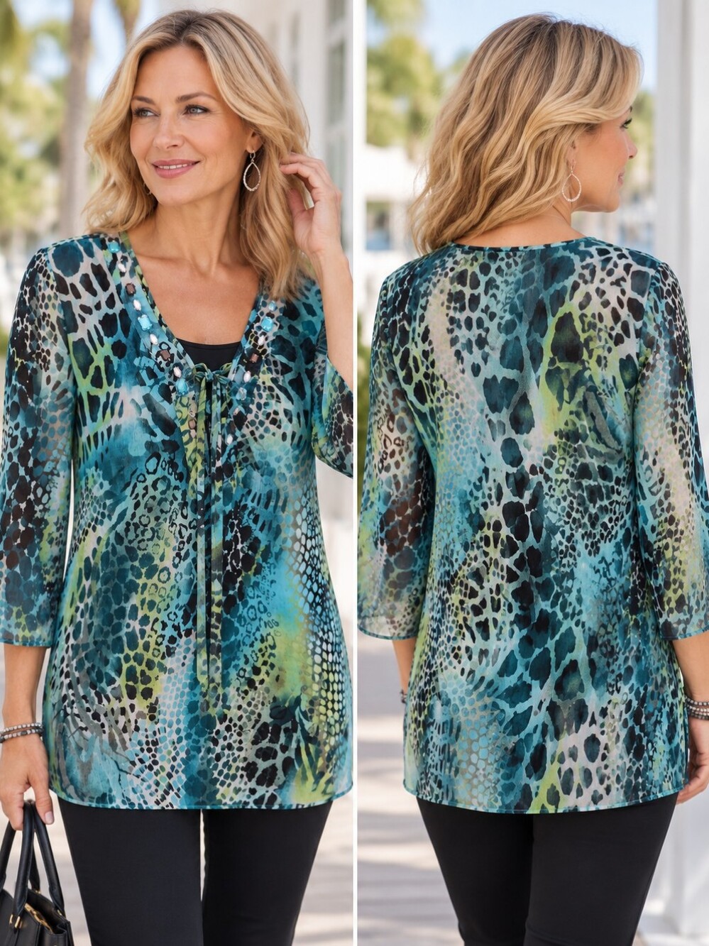 C.A.N.D.A C&A Sheer Animal Print Tunic Top Blue Green Jeweled Lace V-Neck Large